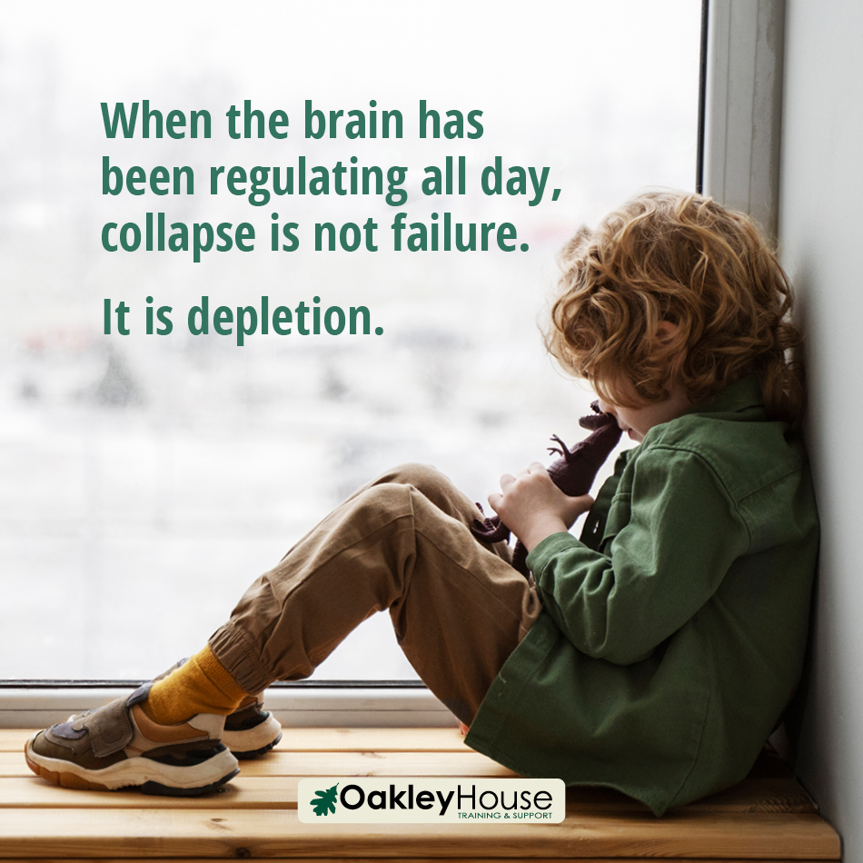 A small ADHD boy sits at the window feeling depleted after regulating the whole day